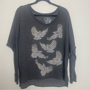 Chaser Gray Bird Embroidery Beading Long Sleeve Top